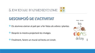 DESCRIPCIÓ DE L’ACTIVITATDESCRIPCIÓ DE L’ACTIVITAT
v Els alumnes eixiran al pati per a fer fotos als arbres i plantes.
v Després la mestra projectarà les imatges
v Finalment, farem un mural col·lectiu en Linoit.
 
