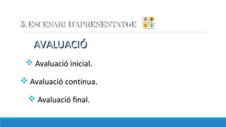 AVALUACIÓAVALUACIÓ
v Avaluació inicial.
v Avaluació continua.
v Avaluació final.
 