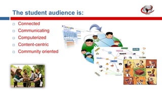 The student audience is:


Connected



Communicating



Computerized



Content-centric



Community oriented

 