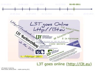 11-04-2010                   18-06-2010             11-09-2010          03-12-2010   01-02-2011




               29-05-2010                 23-07-2010       02-10-2010          11-01-2011         26-05-2011




                                                       L3T goes online (http://l3t.eu)
L3T asissts m-Learning
Martin Ebner, Sandra Schön - mobile Learning 2011
 