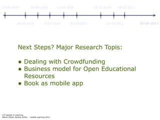 11-04-2010                   18-06-2010             11-09-2010          03-12-2010   01-02-2011




               29-05-2010                 23-07-2010       02-10-2010          11-01-2011         26-05-2011




                Next Steps? Major Research Topis:

                • Dealing with Crowdfunding
                • Business model for Open Educational
                      Resources
                •     Book as mobile app




L3T asissts m-Learning
Martin Ebner, Sandra Schön - mobile Learning 2011
 