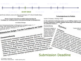 11-04-2010                   18-06-2010             11-09-2010          03-12-2010   01-02-2011




               29-05-2010                23-07-2010        02-10-2010          11-01-2011         26-05-2011




                                                                 Submission Deadline
L3T asissts m-Learning
Martin Ebner, Sandra Schön - mobile Learning 2011
 