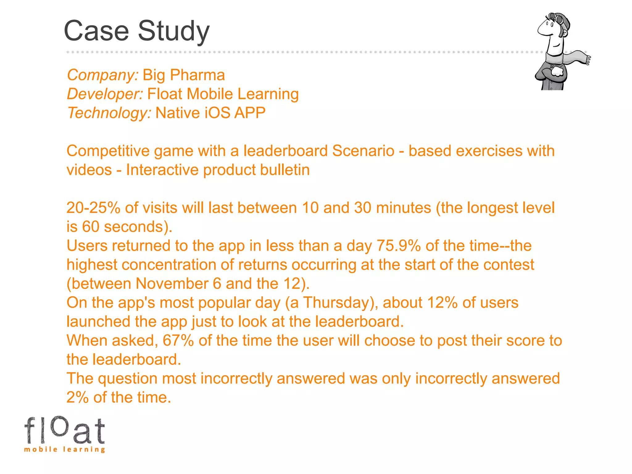 Case Study
Company: Big Pharma
Developer: Float Mobile Learning
Technology: Native iOS APP

Competitive game with a leaderboard Scenario - based exercises with
videos - Interactive product bulletin

20-25% of visits will last between 10 and 30 minutes (the longest level
is 60 seconds).
Users returned to the app in less than a day 75.9% of the time--the
highest concentration of returns occurring at the start of the contest
(between November 6 and the 12).
On the app's most popular day (a Thursday), about 12% of users
launched the app just to look at the leaderboard.
When asked, 67% of the time the user will choose to post their score to
the leaderboard.
The question most incorrectly answered was only incorrectly answered
2% of the time.
 