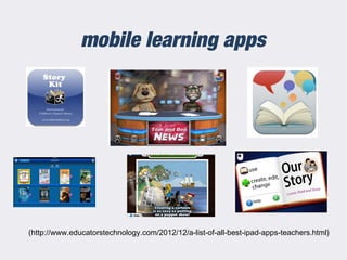 mobile learning apps
(http://www.educatorstechnology.com/2012/12/a-list-of-all-best-ipad-apps-teachers.html)
 