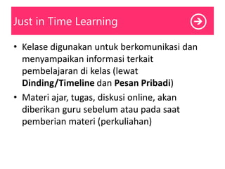 Just in Time Learning
• Kelase digunakan untuk berkomunikasi dan
menyampaikan informasi terkait
pembelajaran di kelas (lewat
Dinding/Timeline dan Pesan Pribadi)
• Materi ajar, tugas, diskusi online, akan
diberikan guru sebelum atau pada saat
pemberian materi (perkuliahan)
 