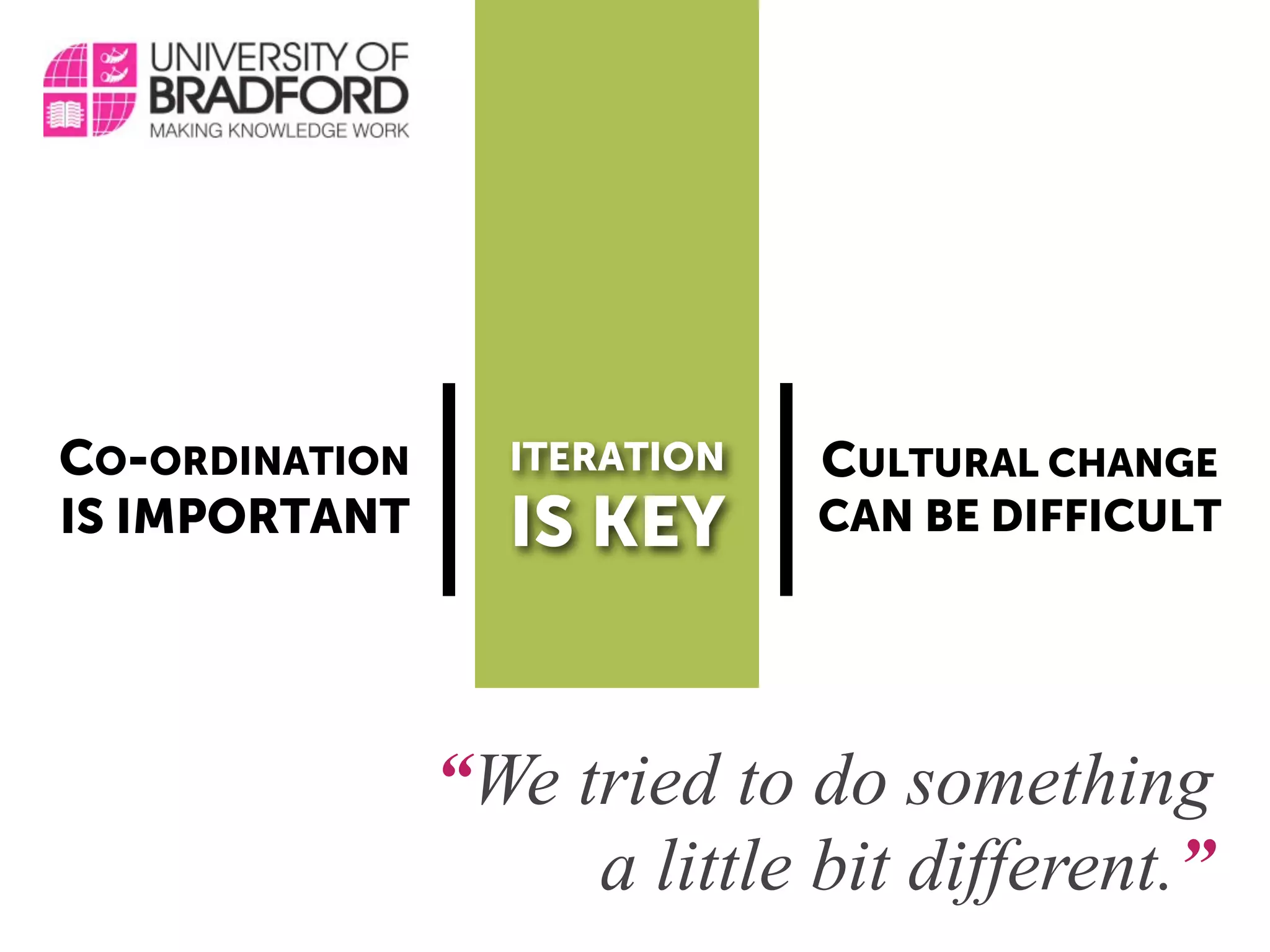 CO-ORDINATION     ITERATION   CULTURAL CHANGE
IS IMPORTANT      IS KEY      CAN BE DIFFICULT




                “We tried to do something
                     a little bit different.”
 
