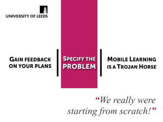GAIN FEEDBACK   SPECIFY THE   MOBILE LEARNING
ON YOUR PLANS   PROBLEM       IS A TROJAN HORSE




                        “We really were
                 starting from scratch!”
 