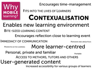 Encourages time-management
 Why                   FITS INTO THE LIVES OF LEARNERS
 MOBILE
 learning?
                               CONTEXUALISATION
 Enables new learning environment
  BITE-SIZED LEARNING CONTENT
         Encourages reﬂection close to learning event
IMMEDIACY OF COMMUNICATION                                        PERVASIVE AND UBIQUITOUS

  PROMOTES ACTIVE LEARNING
                                 More learner-centred
   Personal, private and familiar         Portable

        ACCESS TO METHORS, TUTORS AND OTHERS
User-generated content
                             Increased accessibility for various groups of learners
 