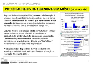 ESTADO DA ARTE | POTENCIALIDADES

        POTENCIALIDADES DA APRENDIZAGEM MÓVEL (técnica e social)
     Segundo Pelissoli & Loyola (2004) o acesso à informação é
     uma das grandes vantagens dos dispositivos móveis, como
     também a comodidade e a rapidez que permite uma maior
     interação, tanto entre um grupo de estudantes, bem como
     na interação direta com o professor em tempo real.

     Segundo Klopfer et al (2002), citado na “Futurelab” (2006),
     existem diversas potencialidades educacionais: a
     portabilidade, a interatividade, os sensores ao contexto,
     Conectividade, individualidade – Estes dispositivos
     permitem, em atividades mais difíceis, um “Scaffolding”
     mais individualizado por parte do professor.

     A ubiquidade dos dispositivos móveis conduzirá o m-
     learning a um importante meio para fornecer educação e
     formação (Rheingold, 2003).


                  MESTRADO MULTIMEDIA - ISCIA                           11
Mobile Learning   Alípio Ribeiro - Elisabete Ferreira – Nuno Carneiro
 