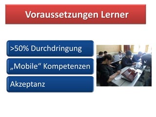 Voraussetzungen Lerner


>50% Durchdringung

„Mobile“ Kompetenzen

Akzeptanz
 