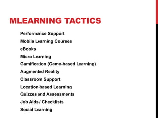 MLEARNING TACTICS
  Performance Support
  Mobile Learning Courses
  eBooks
  Micro Learning
  Gamification (Game-based Learning)
  Augmented Reality
  Classroom Support
  Location-based Learning
  Quizzes and Assessments
  Job Aids / Checklists
  Social Learning
 