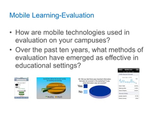 Mobile Learning-Evaluation How are mobile technologies used in evaluation on your campuses? Over the past ten years, what methods of evaluation have emerged as effective in educational settings? 