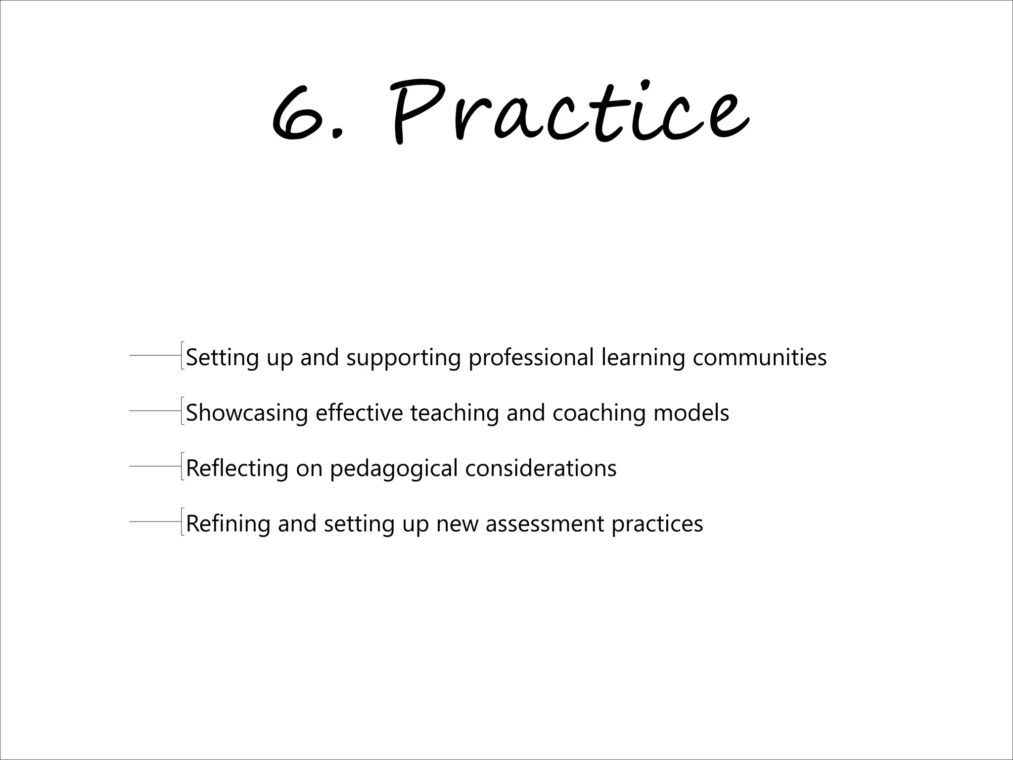 6. P+*0!-0"
Setting up and supporting professional learning communities
Showcasing effective teaching and coaching models
Reflecting on pedagogical considerations
Refining and setting up new assessment practices
 