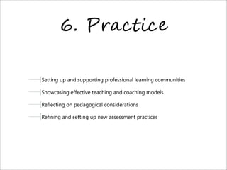 6. P+*0!-0"
Setting up and supporting professional learning communities
Showcasing effective teaching and coaching models
Reflecting on pedagogical considerations
Refining and setting up new assessment practices
 