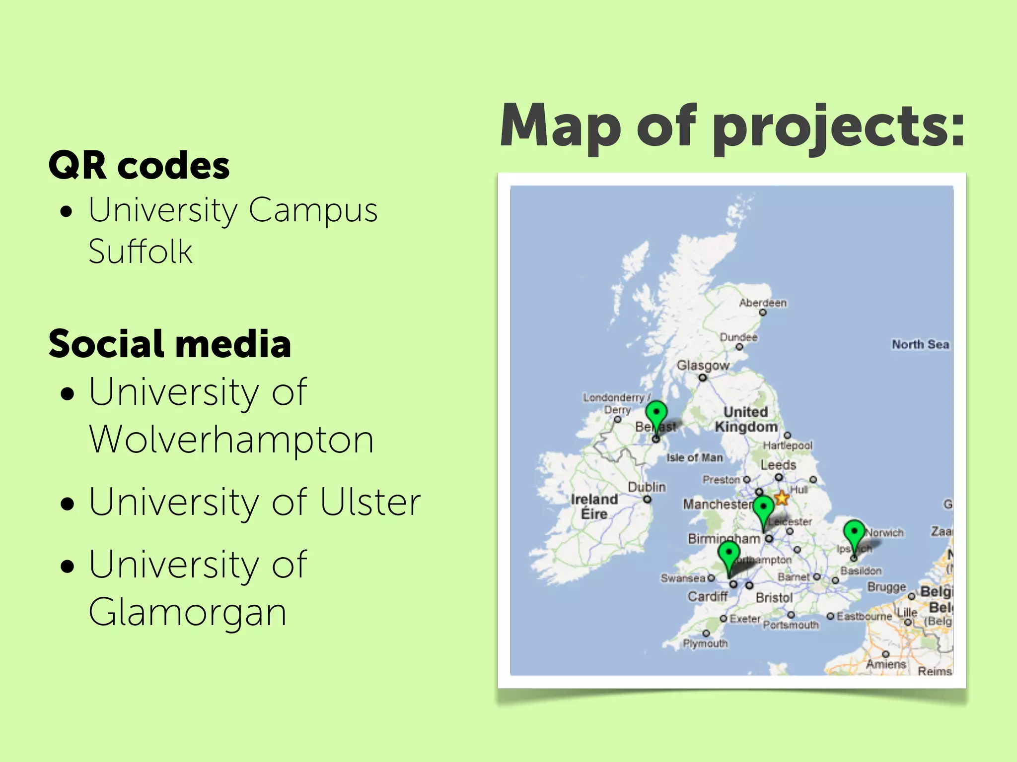 Map of projects:
QR codes 
• University Campus
 Suﬀolk

Social media
• University of
  Wolverhampton
• University of Ulster
• University of
 Glamorgan
 