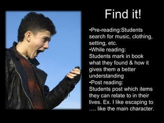 Find it!
•Pre-reading:Students
search for music, clothing,
setting, etc.
•While reading:
Students mark in book
what they found & how it
gives them a better
understanding
•Post reading:
Students post which items
they can relate to in their
lives. Ex. I like escaping to
…. like the main character.
 