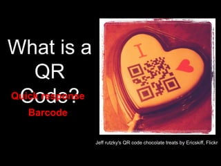 What is a
    QR
 Code?
Quick response
   Barcode

                 Jeff rutzky's QR code chocolate treats by Ericskiff, Flickr
 