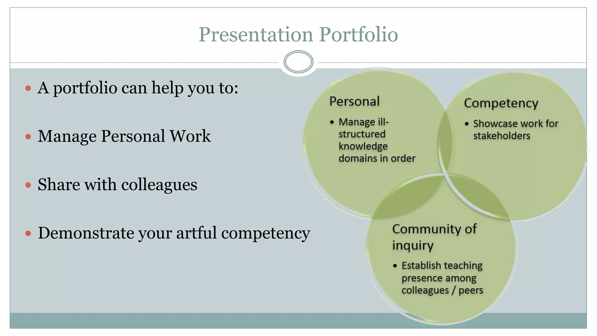 Presentation Portfolio
A portfolio can help you to:
Manage Personal Work
Share with colleagues
Demonstrate your artful competency