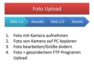 Foto Upload

     Web 1.0   Moodle   Web 2.0   Mobile


1.    Foto mit Kamera aufnehmen
2.    Foto von Kamera auf PC kopieren
3.    Foto bearbeiten/Größe ändern
4.    Foto + gesondertem FTP Programm
      Upload
 