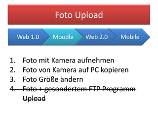 Foto Upload

     Web 1.0   Moodle   Web 2.0   Mobile


1.    Foto mit Kamera aufnehmen
2.    Foto von Kamera auf PC kopieren
3.    Foto Größe ändern
4.    Foto + gesondertem FTP Programm
      Upload
 