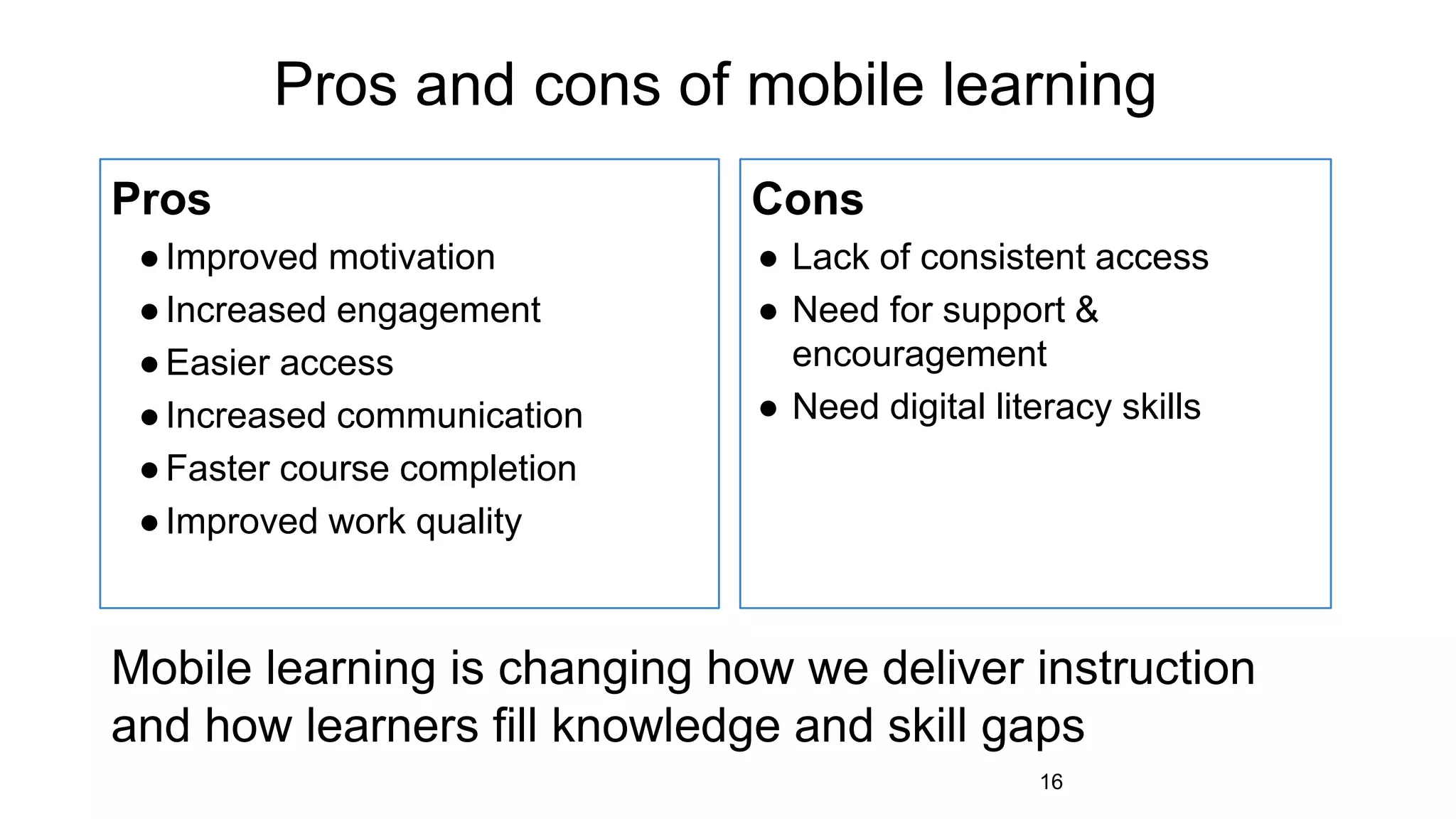 Pros and cons of mobile learning
Pros
●Improved motivation
●Increased engagement
●Easier access
●Increased communication
●Faster course completion
●Improved work quality
Cons
● Lack of consistent access
● Need for support &
encouragement
● Need digital literacy skills
16
Mobile learning is changing how we deliver instruction
and how learners fill knowledge and skill gaps
 