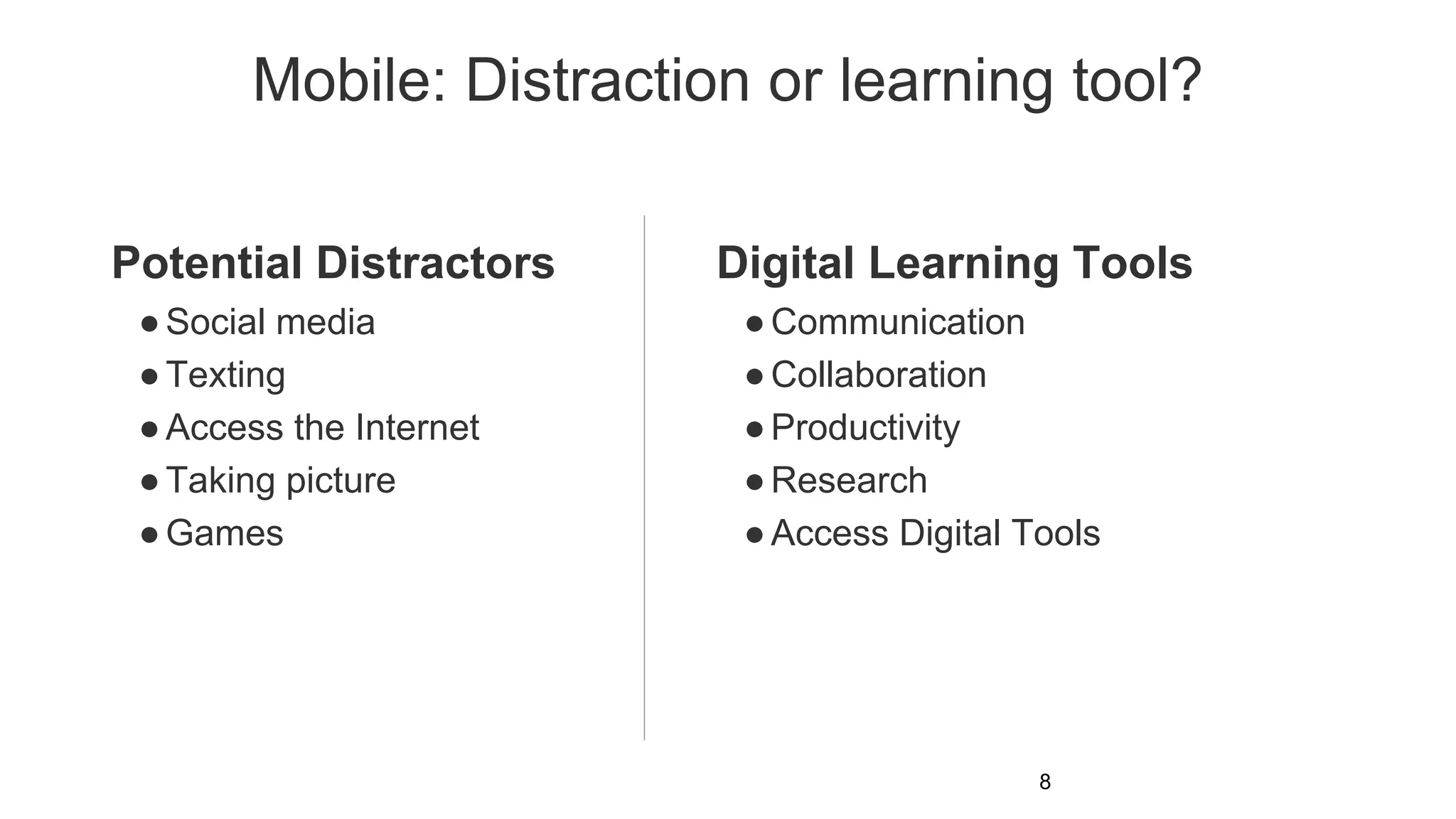 Mobile: Distraction or learning tool?
Potential Distractors
●Social media
●Texting
●Access the Internet
●Taking picture
●Games
Digital Learning Tools
●Communication
●Collaboration
●Productivity
●Research
●Access Digital Tools
8
 