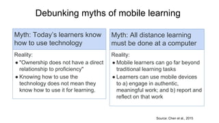Debunking myths of mobile learning
Source: Chen et al., 2015
Myth: Today’s learners know
how to use technology
Reality:
● "Ownership does not have a direct
relationship to proficiency"
● Knowing how to use the
technology does not mean they
know how to use it for learning.
Myth: All distance learning
must be done at a computer
Reality:
● Mobile learners can go far beyond
traditional learning tasks
● Learners can use mobile devices
to a) engage in authentic,
meaningful work; and b) report and
reflect on that work
 