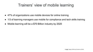 Trainers’ view of mobile learning
17
● 47% of organizations use mobile devices for online training
● 1/3 of learning managers use mobile for compliance and tech skills training
● Mobile learning will be a $70 Billion industry by 2020
Source: Pappas (2016) and Gutierrez (2016)
 