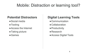 Mobile: Distraction or learning tool?
Potential Distractors
●Social media
●Texting
●Access the Internet
●Taking picture
●Games
Digital Learning Tools
●Communication
●Collaboration
●Productivity
●Research
●Access Digital Tools
8
 