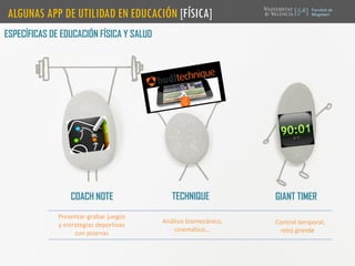 ALGUNAS APP DE UTILIDAD EN EDUCACIÓN [FÍSICA]
COACH NOTE
ESPECÍFICAS DE EDUCACIÓN FÍSICA Y SALUD
Presentar-grabar juegos
y estrategias deportivas
con pizarras
TECHNIQUE GIANT TIMER
Control temporal,
reloj grande
Análisis biomecánico,
cinemático…
 