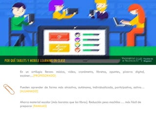 En un artilugio llevan: música, vídeo, cronómetro, libretas, apuntes, pizarra digital,
escáner…[PROFESORADO]
POR QUÉ TABLETS Y MOBILE LEARNING EN CLASE
Pueden aprender de forma más atractiva, autónoma, individualizada, participativa, activa…
[ALUMNADO]
Ahorro material escolar [más baratas que los libros]. Reducción peso mochilas … más fácil de
preparar [FAMILIAS]
 