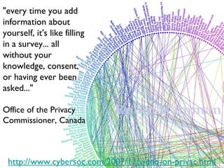 "every time you add information about yourself, it's like filling in a survey... all without your knowledge, consent, or having ever been asked..."  Office of the Privacy Commissioner, Canada http://www.cybersoc.com/2007/11/video-on-privac.html 