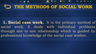 THE METHODS OF SOCIAL WORK
It is the primary method of
social work. It deals with individual problems
through one to one relationship which is guided by
professional knowledge of the social case worker.
1. Social case work.
 