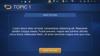 TOPIC 1
Lorem ipsum dolor sit amet, consectetuer adipiscing elit. Maecenas
porttitor congue massa. Fusce posuere, magna sed pulvinar ultricies,
purus lectus malesuada libero, sit amet commodo magna eros quis urna.
INSERT TEXT HERE
INSERT TEXT HERE
 