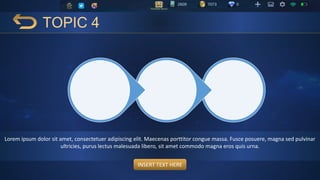 TOPIC 4
Lorem ipsum dolor sit amet, consectetuer adipiscing elit. Maecenas porttitor congue massa. Fusce posuere, magna sed pulvinar
ultricies, purus lectus malesuada libero, sit amet commodo magna eros quis urna.
INSERT TEXT HERE
 
