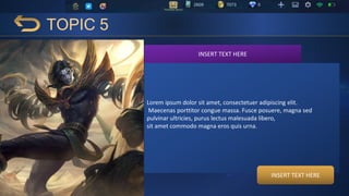 TOPIC 5
INSERT TEXT HERE
Lorem ipsum dolor sit amet, consectetuer adipiscing elit.
Maecenas porttitor congue massa. Fusce posuere, magna sed
pulvinar ultricies, purus lectus malesuada libero,
sit amet commodo magna eros quis urna.
INSERT TEXT HERE
 