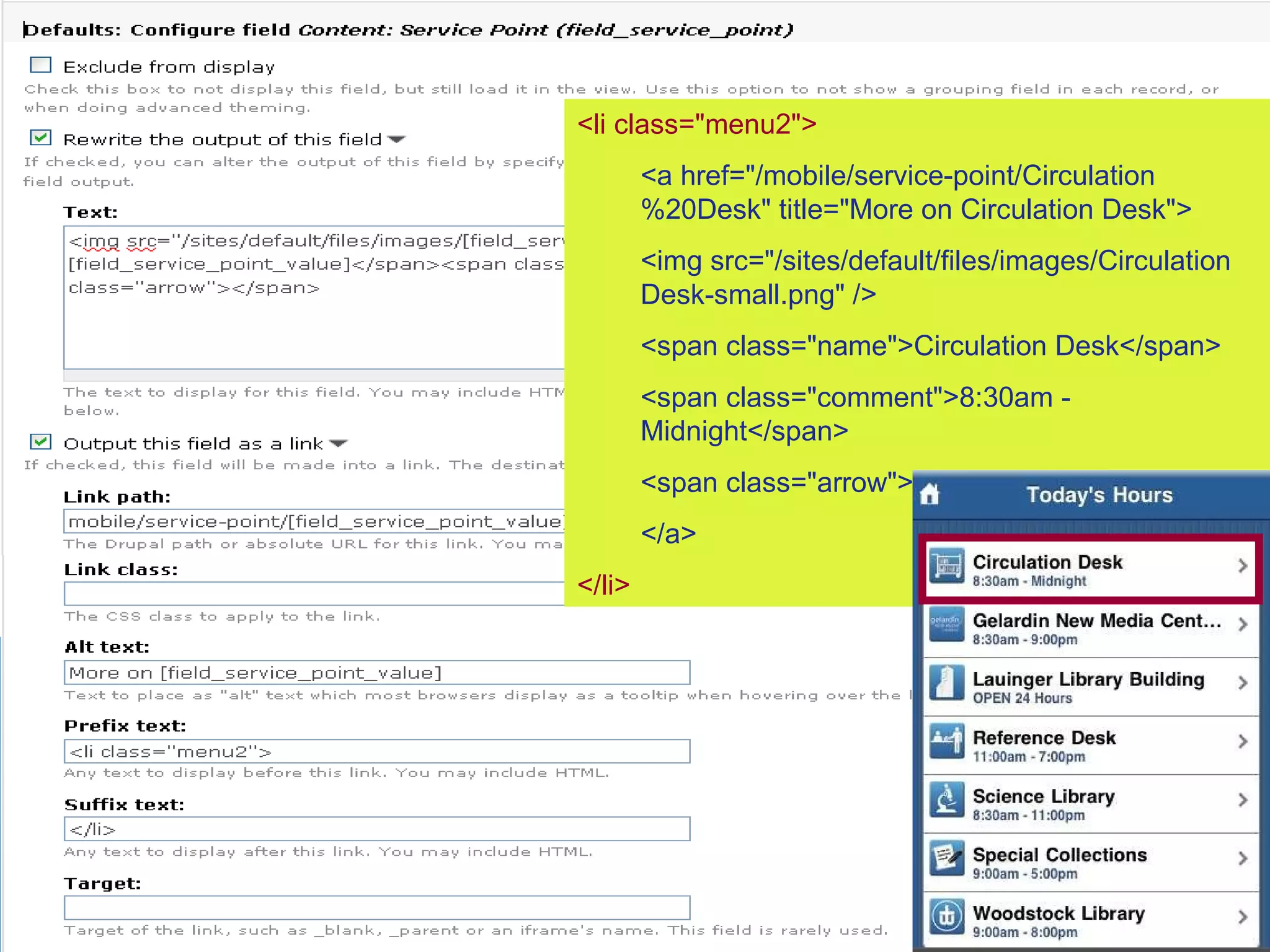 <li class=&quot;menu2&quot;> <a href=&quot;/mobile/service-point/Circulation%20Desk&quot; title=&quot;More on Circulation Desk&quot;>  <img src=&quot;/sites/default/files/images/Circulation Desk-small.png&quot; /> <span class=&quot;name&quot;>Circulation Desk</span> <span class=&quot;comment&quot;>8:30am - Midnight</span> <span class=&quot;arrow&quot;></span> </a> </li> 