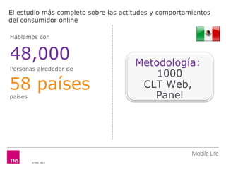 El estudio más completo sobre las actitudes y comportamientos
del consumidor online

Hablamos con


48,000                                Metodología:
Personas alrededor de
                                          1000
58 países                              CLT Web,
países                                   Panel




         ©TNS 2012
 