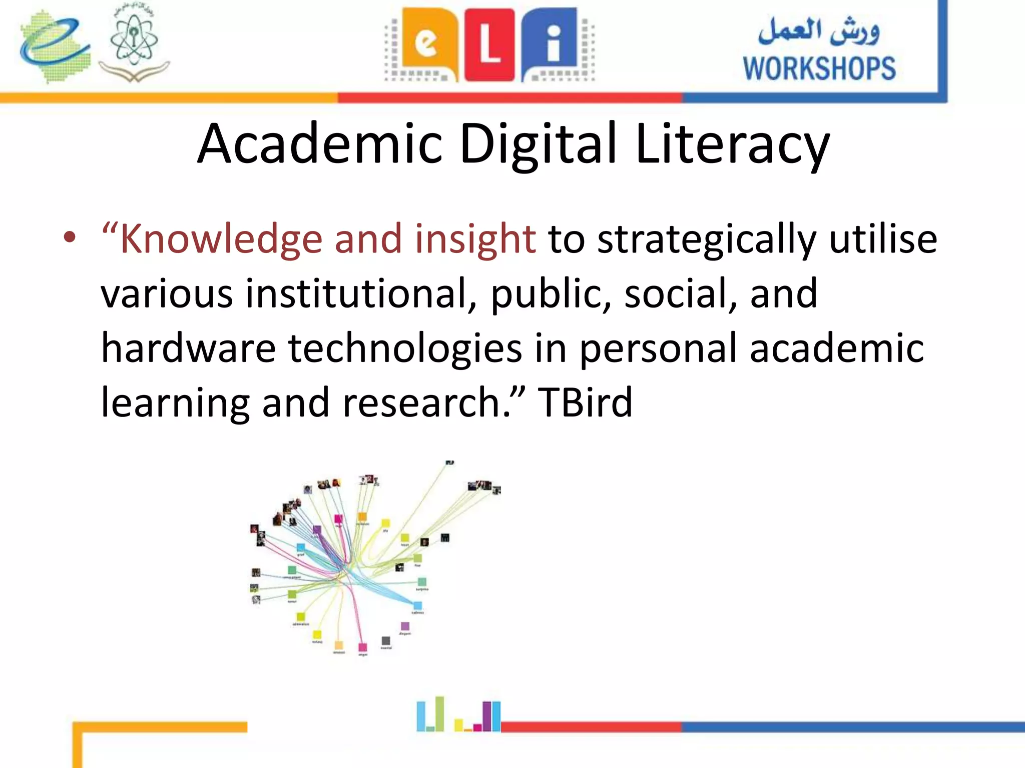 Academic Digital Literacy
• “Knowledge and insight to strategically utilise
various institutional, public, social, and
hardware technologies in personal academic
learning and research.” TBird
 