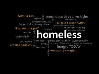 What is it like? mortality rates three times higher danger assault Harassment food jail Longer hospital visits How does it impact us? hunger is almost always there housing cuts the average costs of services in half permanent housing How does it happen? homeless families dignity Emergency shelter  services seasonal jobs help end the cycle  unhappy  many earn less than $10,000 annually possessions average life expectancy ranges from 42 to 52 myths Are there solutions? hungry TODAY minimum wage  hospitals clothing What can I do to help? 