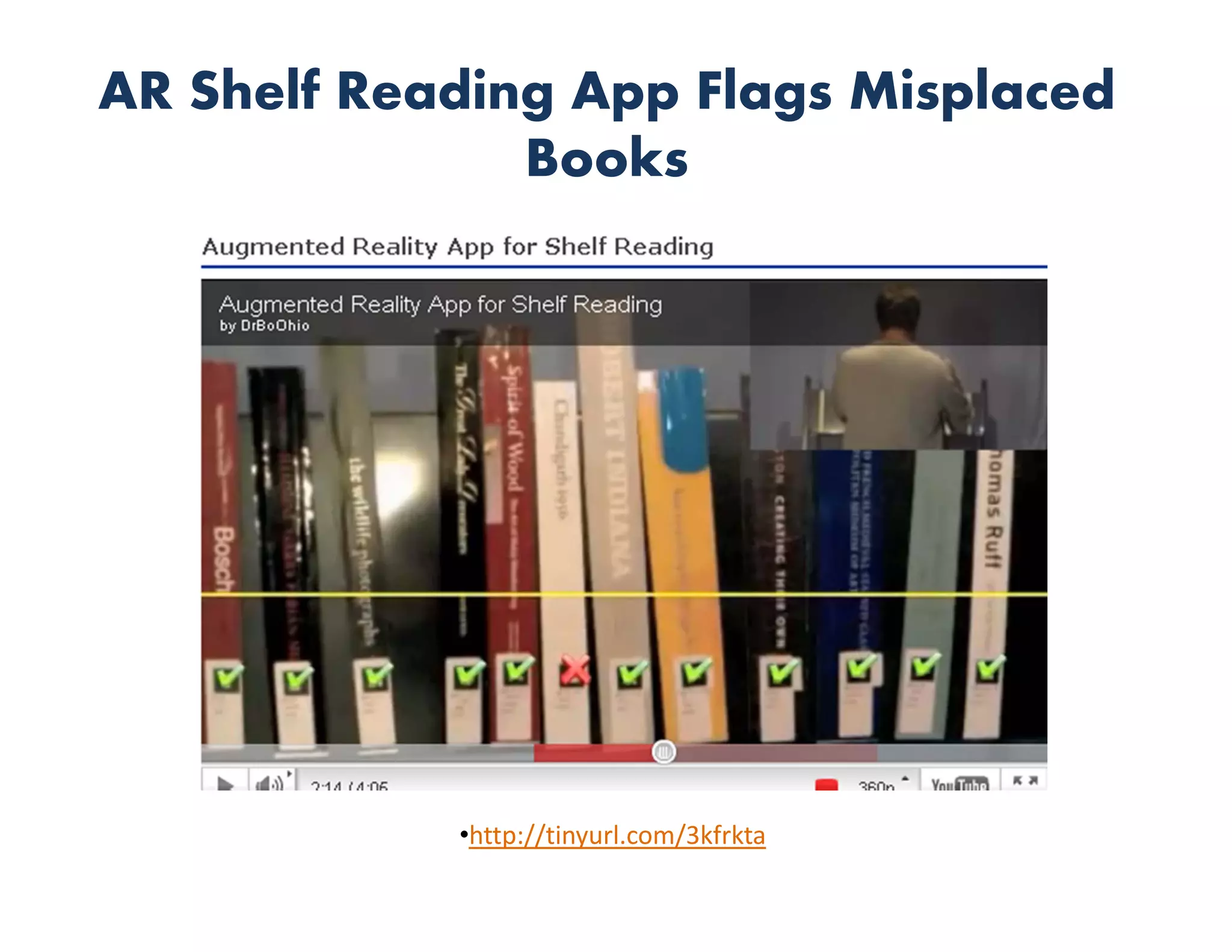 AR Shelf Reading App Flags Misplaced
               Books




            •http://tinyurl.com/3kfrkta
 