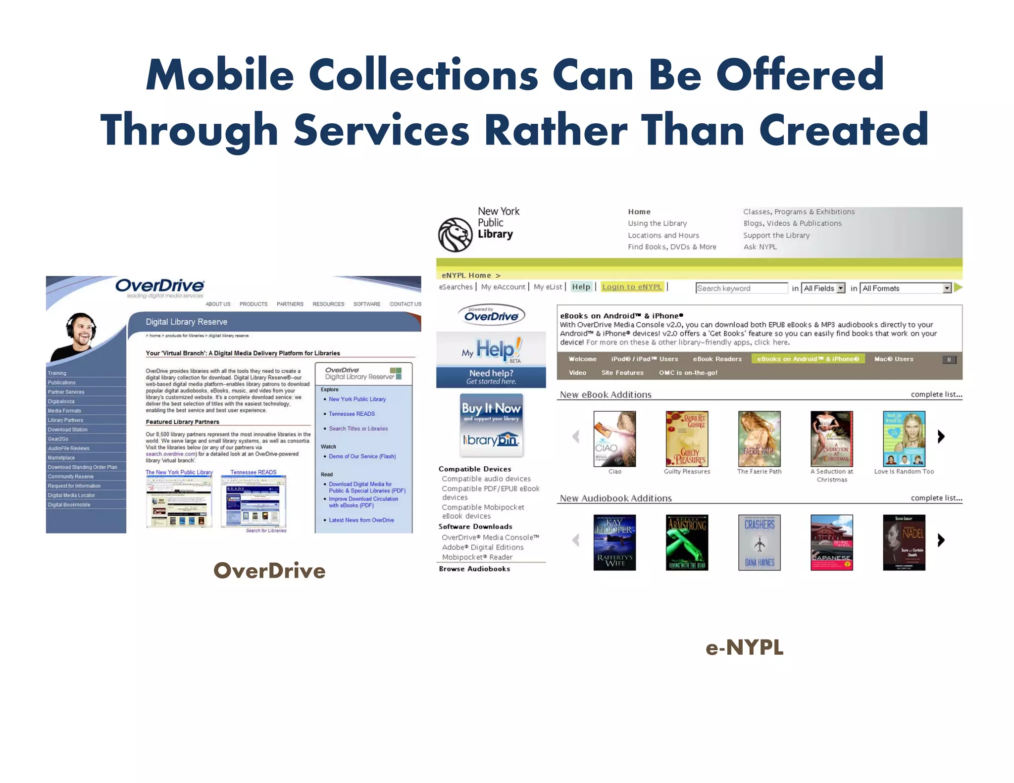 Mobile Collections Can Be Offered
Through Services Rather Than Created




    OverDrive


                          e-NYPL
 