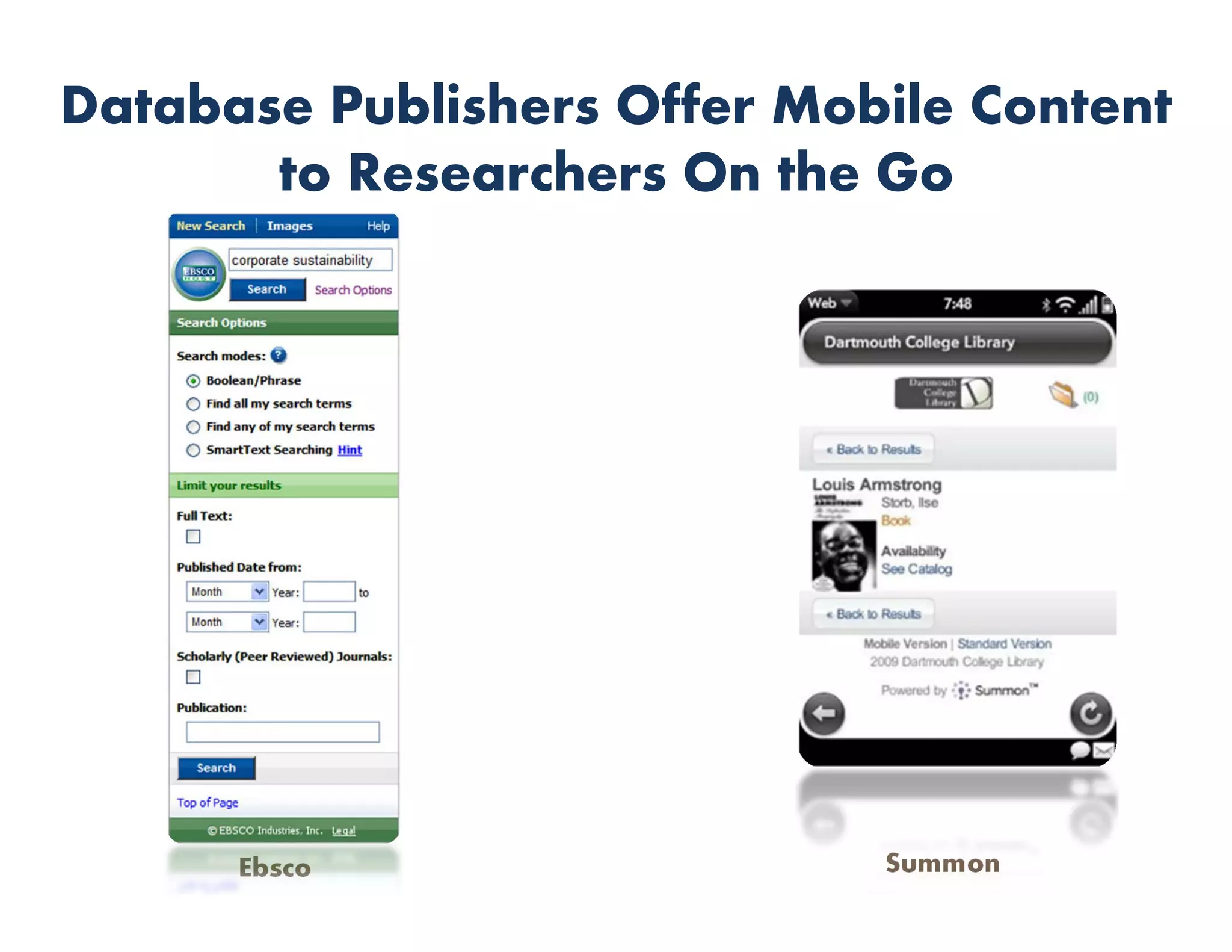 Database Publishers Offer Mobile Content
       to Researchers On the Go




      Ebsco                  Summon
 