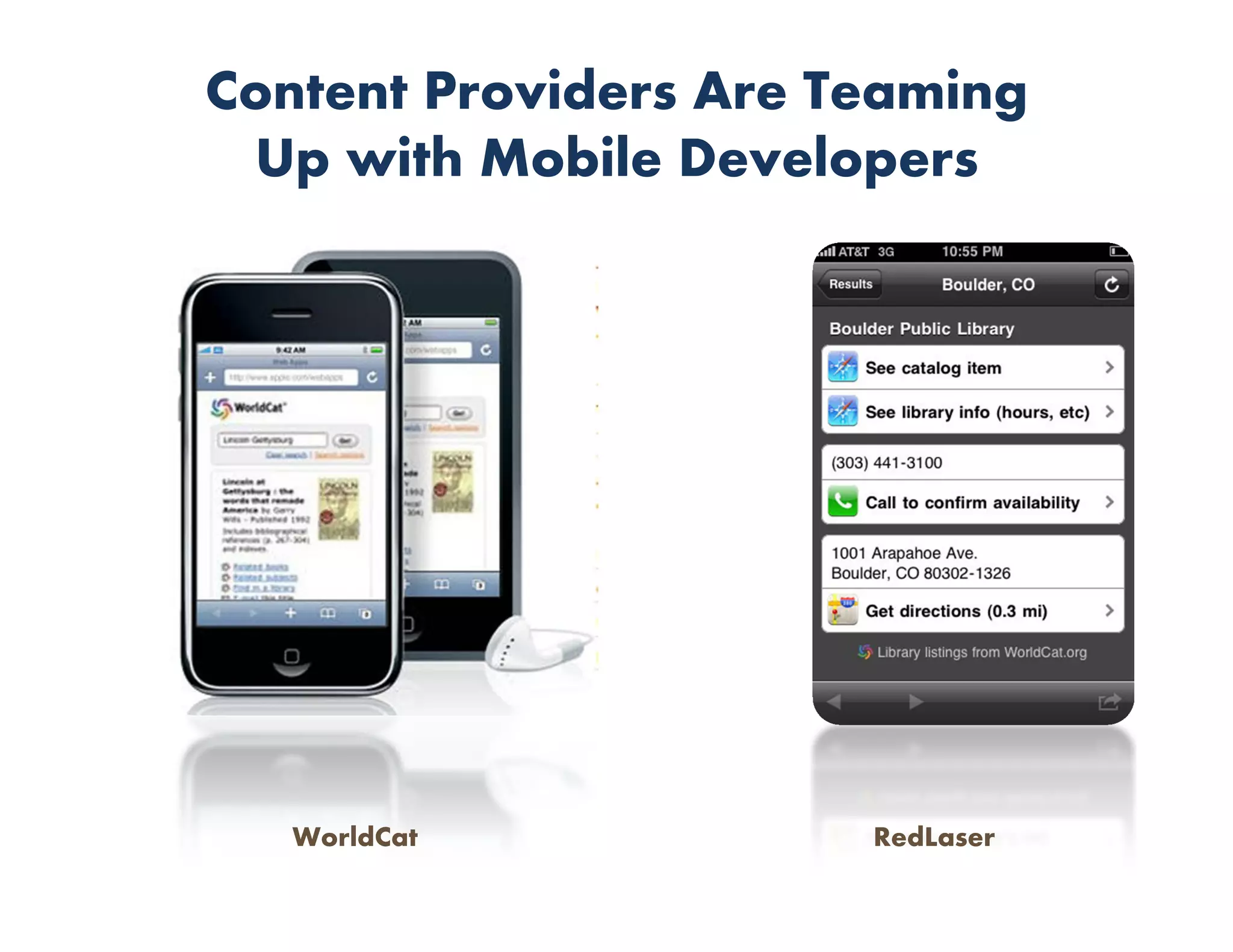 Content Providers Are Teaming
 Up with Mobile Developers




   WorldCat            RedLaser
 