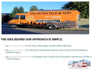 THE IDEA BEHIND OUR APPROACH IS SIMPLE:

 • WE MAXIMIZE REACH BY PUTTING TRADITIONAL ADVERTISING IN MOTION.

 • WE MAXIMIZE IMPACT BY CREATIVELY WRAPPING MOBILE LUNCH TRUCKS FOR INCREDIBLE
   LOOKING VISUAL.

 • WE MAXIMIZE IMPRESSIONS BY RUNNING OUR TRUCKS ON THE BUSIEST HIGHWAYS & STREETS
   7 DAYS A WEEK.
 