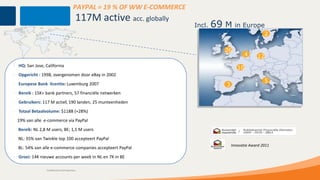 PAYPAL = 19 % OF WW E-COMMERCE
                                            117M active acc. globally
                                                                           Incl.   69 M in Europe
                                                                                                            2

                                                                                      26
                                                                                                 4      12
• HQ: San Jose, California
                                                                                              10
• Opgericht : 1998, overgenomen door eBay in 2002
                                                                                                            5
• Europese Bank licentie: Luxemburg 2007                                               3
• Bereik : 15K+ bank partners, 57 financiële netwerken
• Gebruikers: 117 M actief, 190 landen, 25 munteenheden
• Totaal Betaalvolume: $118B (+28%)
  19% van alle e-commerce via PayPal
  Bereik: NL 2,8 M users, BE; 1,5 M users
  NL: 35% van Twinkle top 100 accepteert PayPal
                                                                                           Innovatie Award 2011
  BL: 54% van alle e-commerce companies accepteert PayPal
• Groei: 14K nieuwe accounts per week in NL en 7K in BE

                 Confidential and Proprietary
 