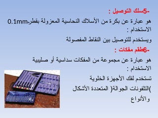 -
5
: ‫التوصيل‬ ‫سلك‬
A
‫ر‬‫بقط‬ ‫المعزولة‬ ‫النحاسية‬ ‫األسالك‬ ‫من‬ ‫بكرة‬ ‫عن‬ ‫عبارة‬ ‫هو‬
0.1mm
: ‫االستخدام‬
‫المفصولة‬ ‫النقاط‬ ‫بين‬ ‫للتوصيل‬ ‫ويستخدم‬
-
6
: ‫مفكات‬ ‫طقم‬
‫صليبية‬ ‫أو‬ ‫سداسية‬ ‫المفكات‬ ‫من‬ ‫مجموعة‬ ‫عن‬ ‫عبارة‬ ‫هو‬
: ‫االستخدام‬
‫الخلوية‬ ‫األجهزة‬ ‫لفك‬ ‫تستخدم‬
)
‫الجوالة‬ ‫التلفونات‬
(
‫األشكال‬ ‫المتعددة‬
‫واألنواع‬
 