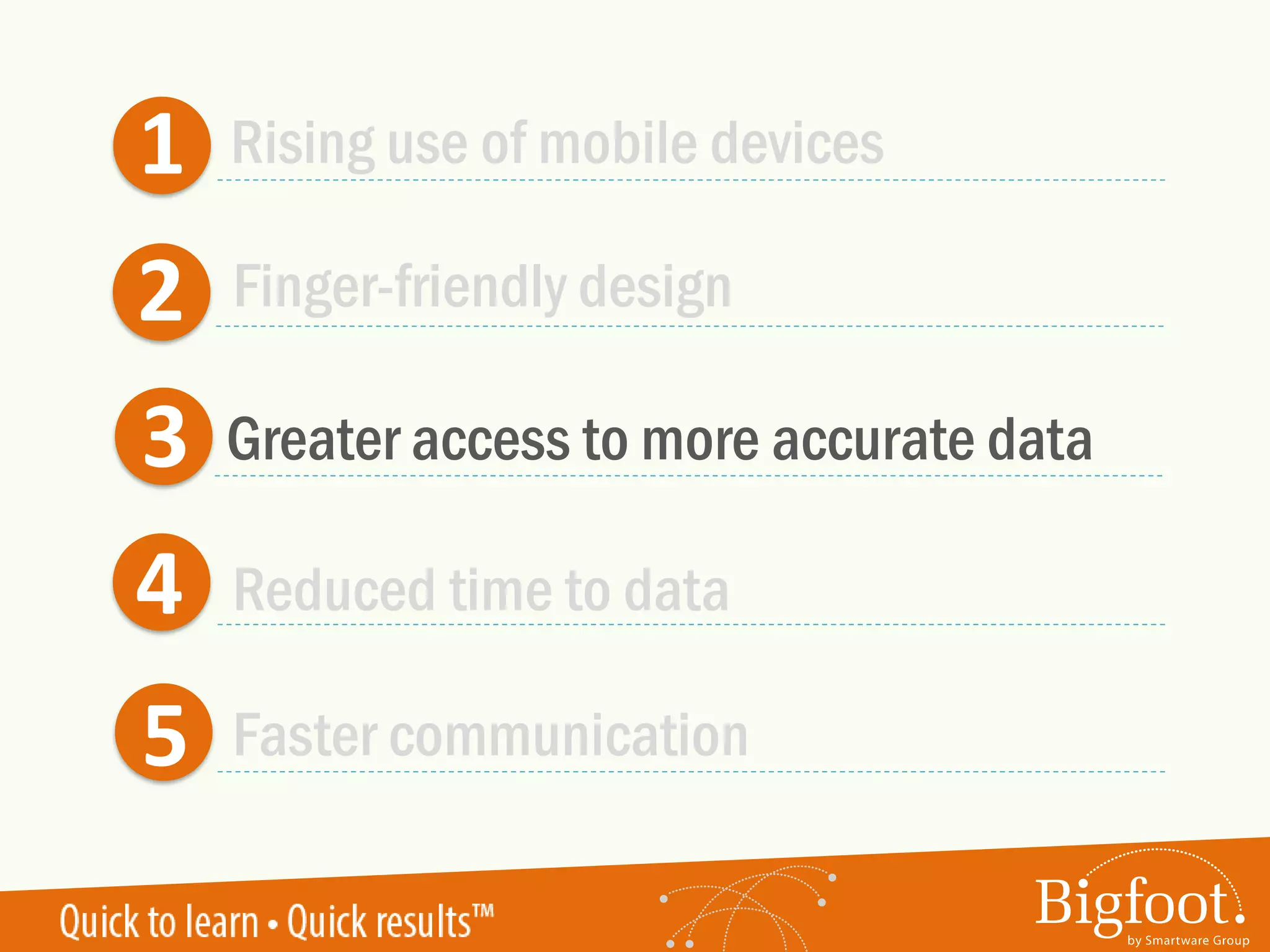 1
2
3
4
5
Rising use of mobile devices
Greater access to more accurate data
Reduced time to data
Faster communication
Finger-friendly design
 
