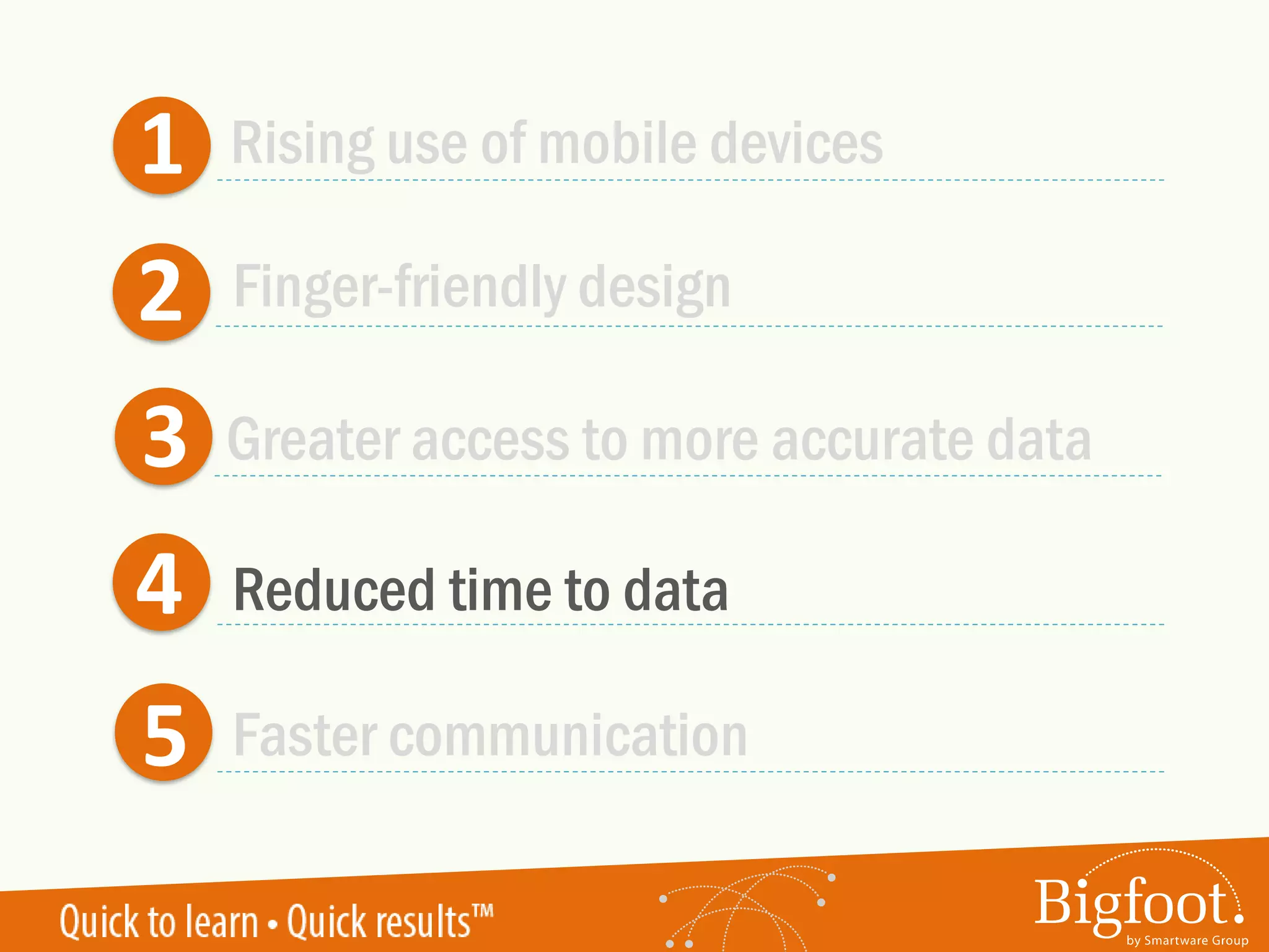 1
2
3
4
5
Rising use of mobile devices
Greater access to more accurate data
Reduced time to data
Faster communication
Finger-friendly design
 