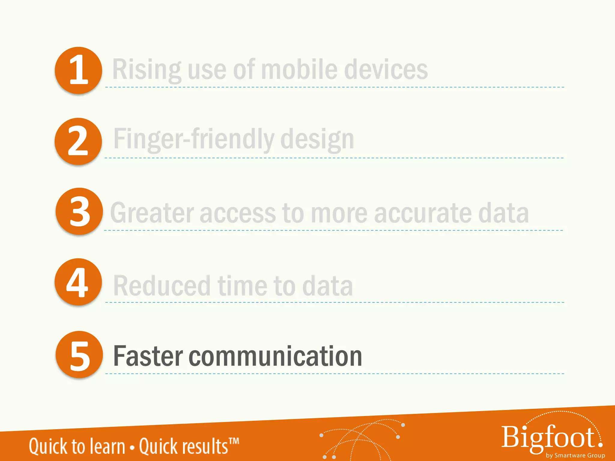 1
2
3
4
5
Rising use of mobile devices
Greater access to more accurate data
Reduced time to data
Faster communication
Finger-friendly design
 
